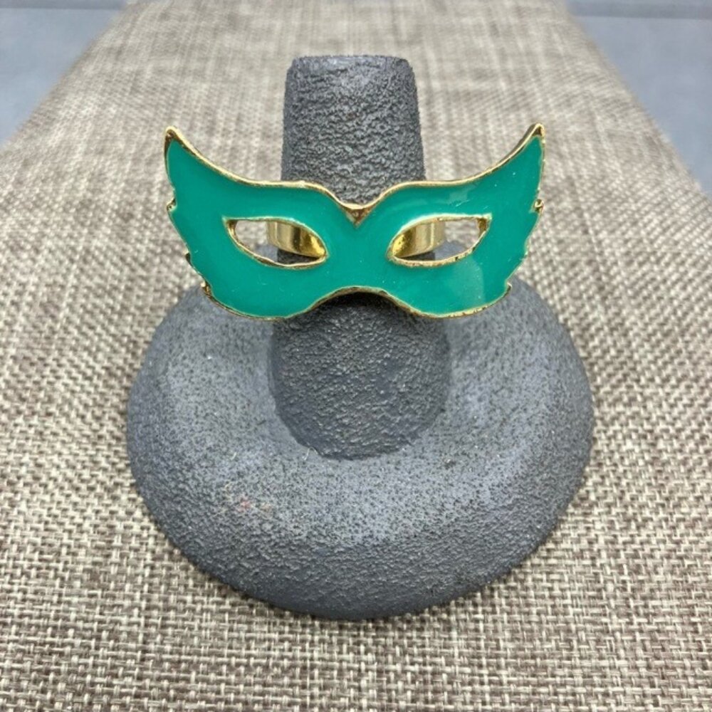 Masquerade Mask Adjustable Ring Gold Turquoise Green Mardi Gras Halloween Party
